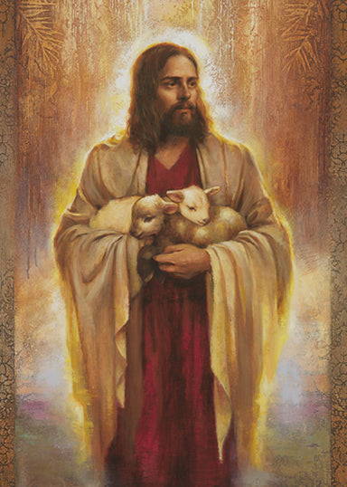 Jesus holding two lambs in His arms. 