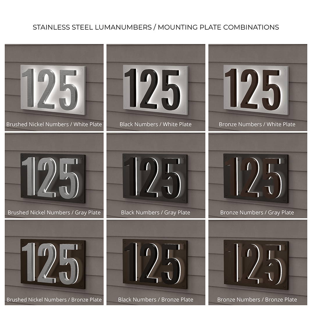 Stainless steel address numbers, all finishes
