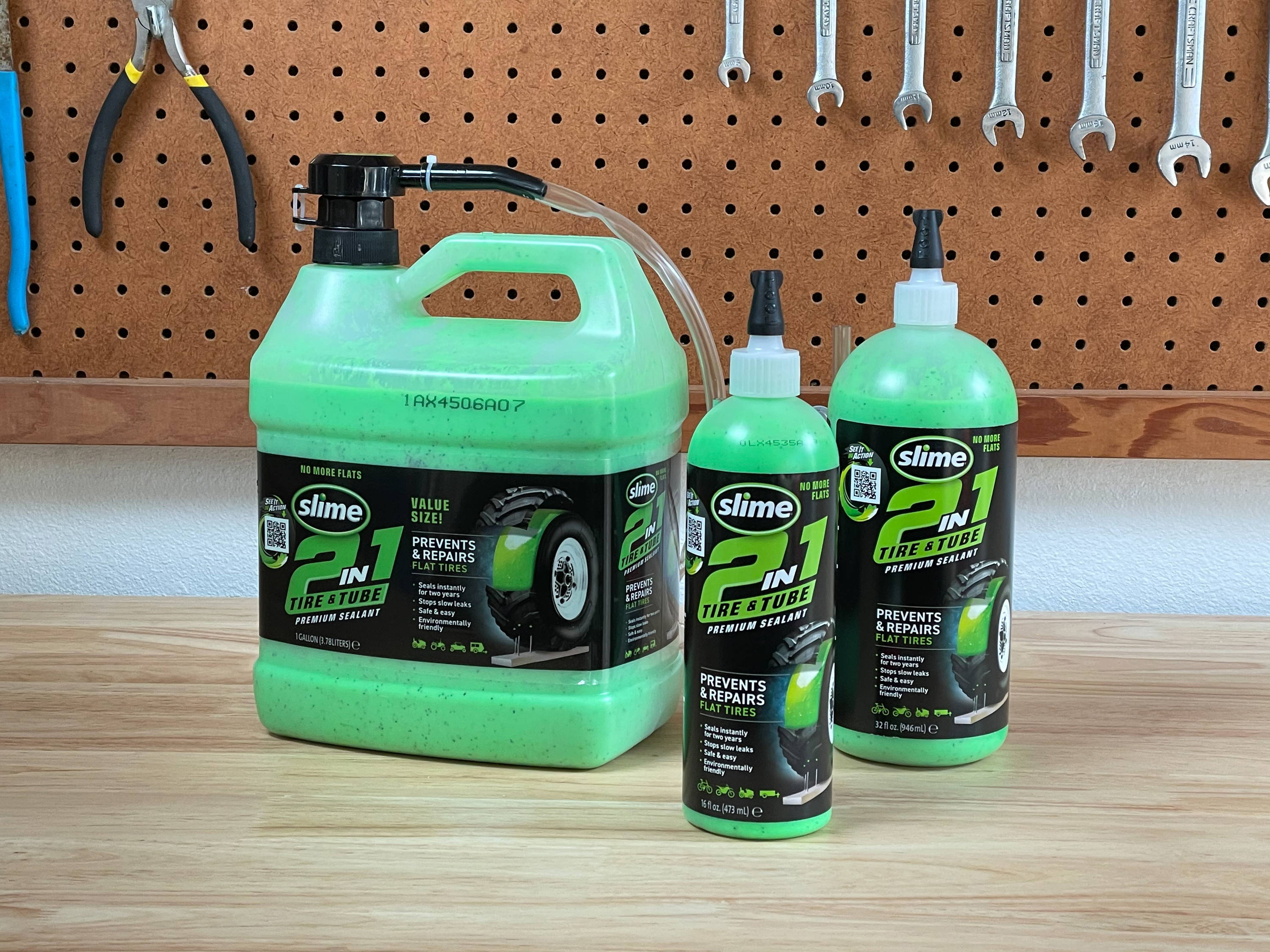 Slime 2-in-1 Tire & Tube Sealant Family on Workbench