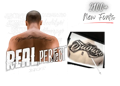 A man from behind showing various tattoo fonts on his back. In the background, different fonts and numbers are visible. To the right, there is a digital design on a tablet with the text 'Badass'. Over 2100 new fonts are highlighted.