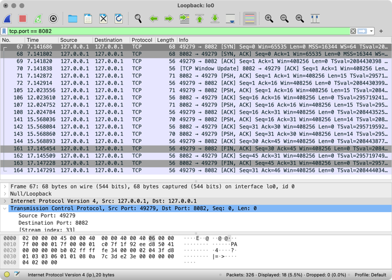 18 entries in the Wireshark log