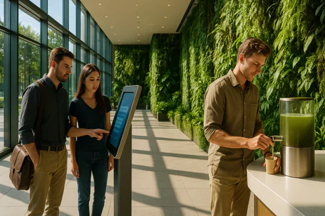 People interacting with a screen kiosk and someone getting a healthy green drink in a modern office lobby with living vertical garden.