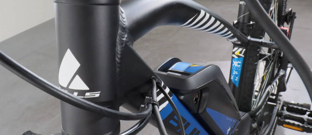 looking straight down a Bulls Twenty4 E Zebra electric mountain bike for younger riders