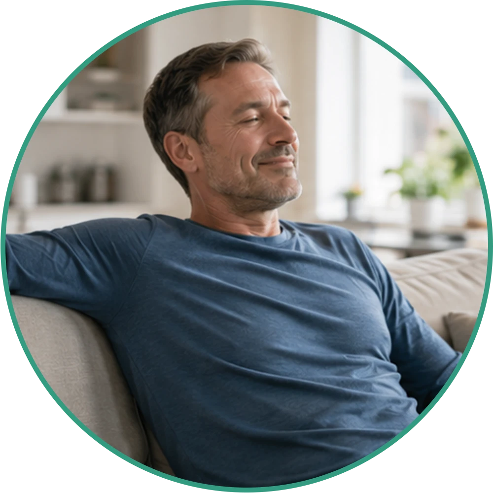 Man relaxing at home while assessing whether TENS helps make pain less noticeable.