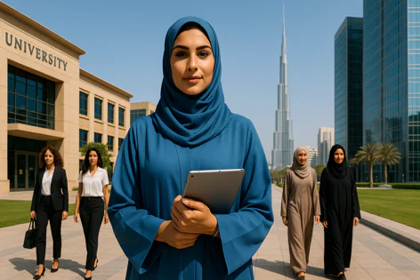 Woman in blue hijab holds tablet outside university, with other women, modern buildings and Burj Khalifa in Dubai background.