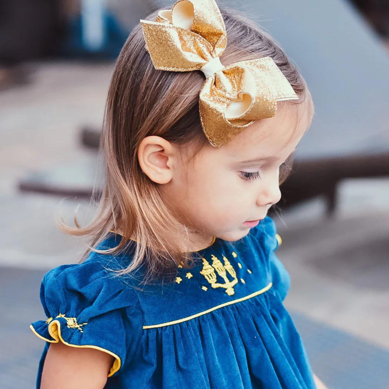 Blue and gold velvet holidays smocked dress