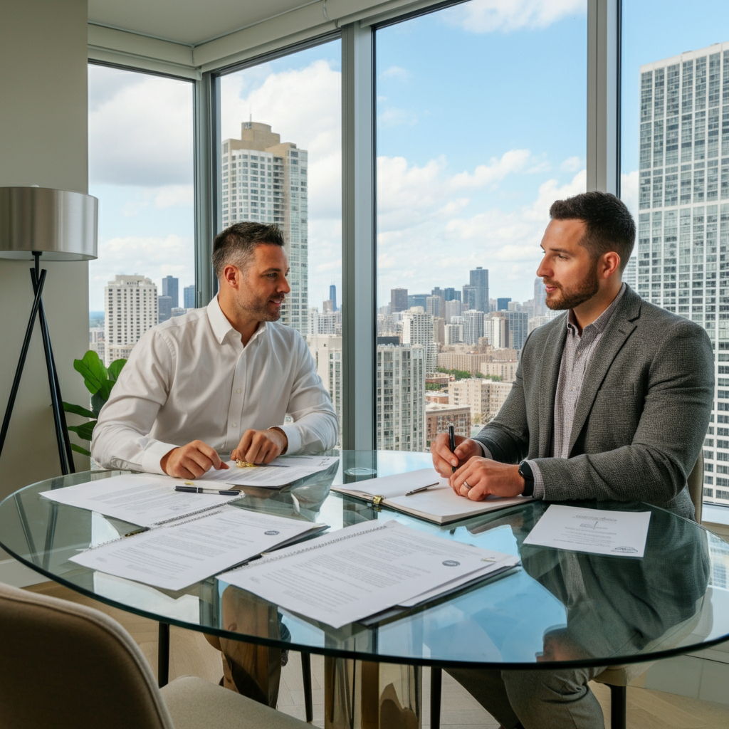A mortgage broker reviewing financing options with a client in a modern Streeterville condominium. Spread across a glass dining table are various loan documents highlighting different financing requirements. Through floor-to-ceiling windows, the Chicago skyline provides a dramatic backdrop as they discuss how the building's reserve fund status affects loan eligibility.