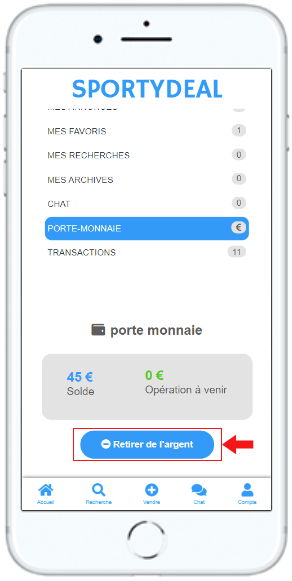 Image smartphone page PORTE MONNAIE de MON COMPTE de l'application / site web SPORTYDEAL avec insistance sur le bouton "Retirer de l'argent".