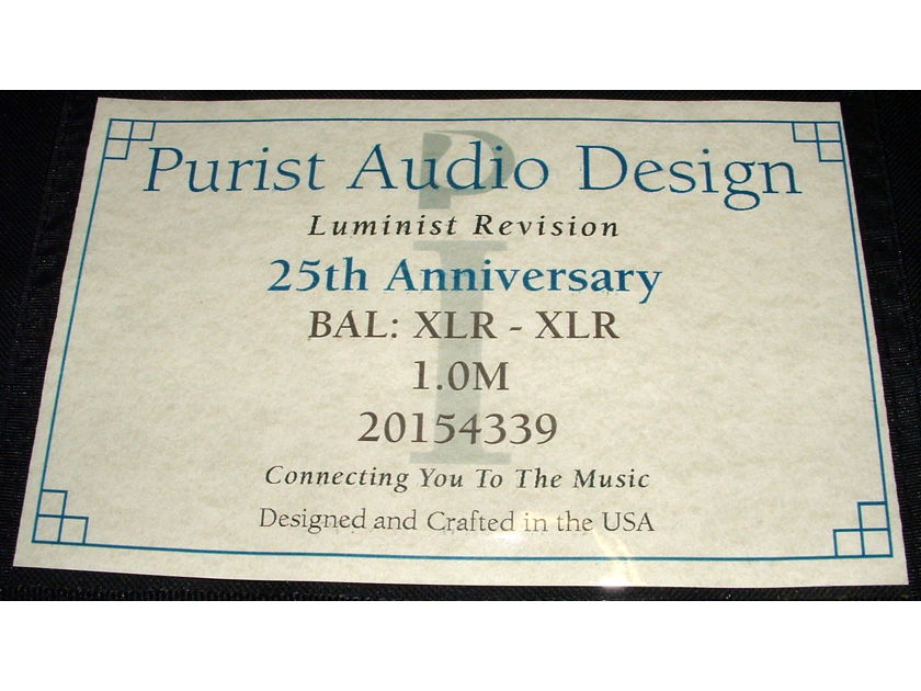 Purist Audio Design 25th Anniversary Luminist Revision 1 meter XLR Interconnect