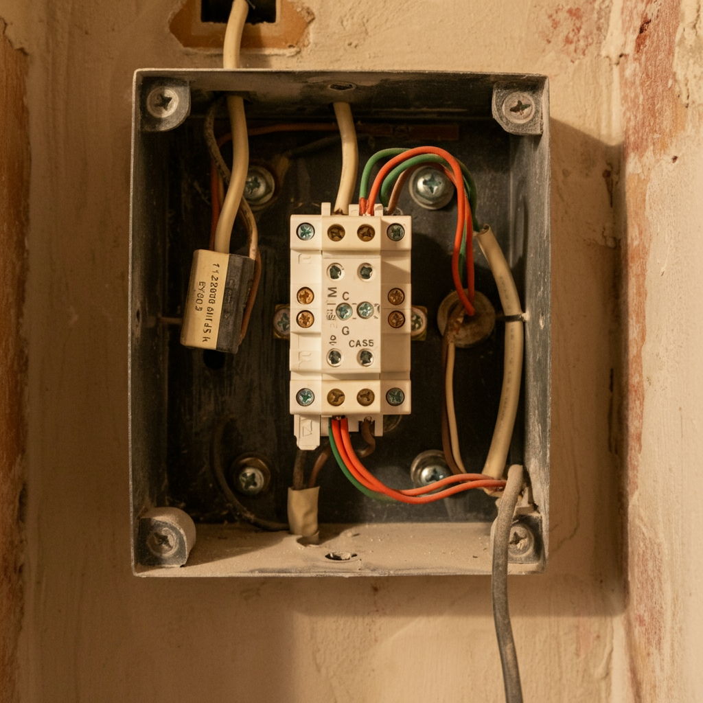 Before: An exposed electrical junction box in a Streeterville condominium with outdated wiring and no GFCI protection near water sources. Loose wires and improper connections are visible, representing a significant safety concern that would be flagged during inspection.