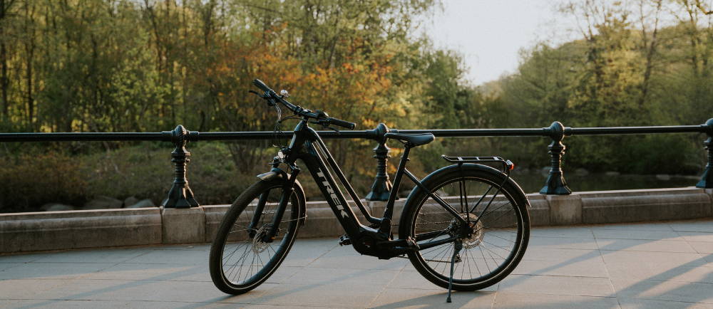 Trek urban electric bike with a rack