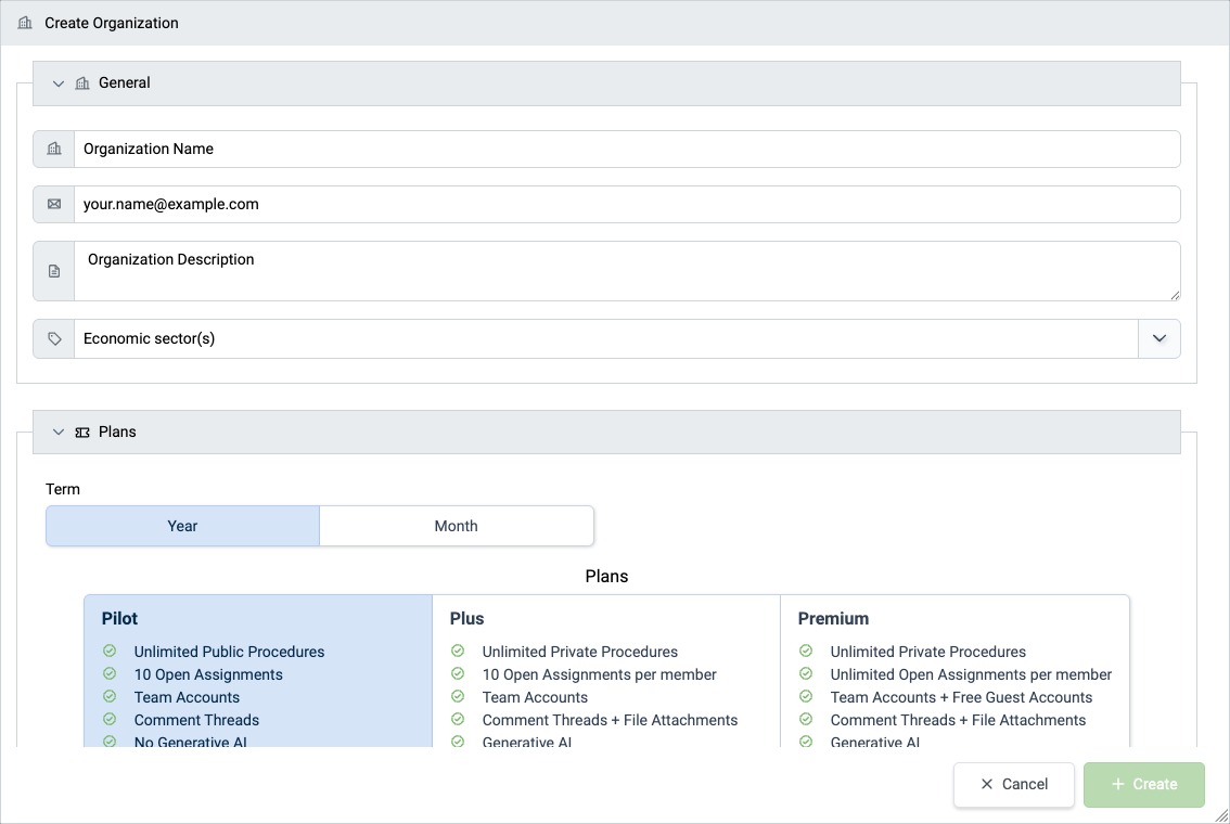 Create Organization dialog with the General and Plans sections