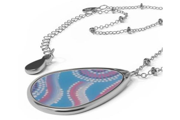 Abstract Dot Wave Oval Necklace | Blue Pink Teardrop Pendant - Image 3