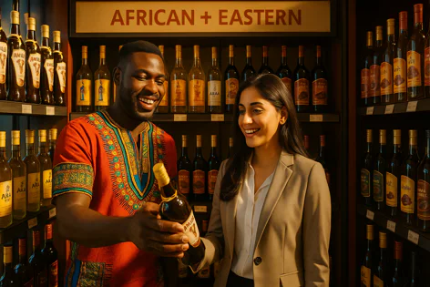 A smiling man in an African shirt shows a bottle to a smiling woman in a suit in a store aisle labeled "African + Eastern".