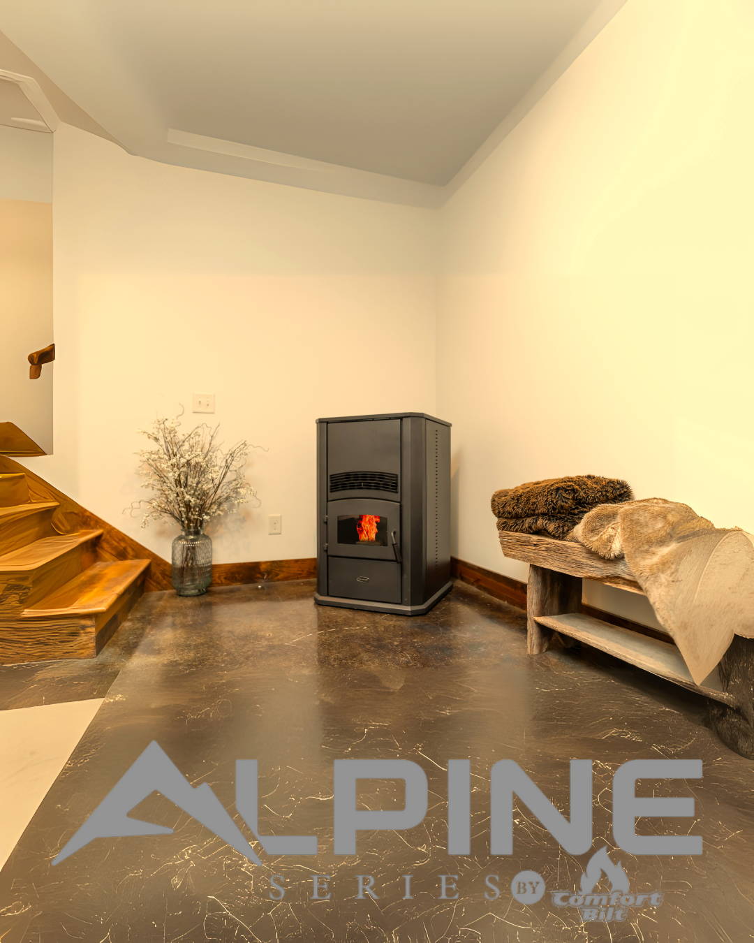 HP42 Pellet Stove Alpine by Comfortbilt Corner Basement Lifestyle
