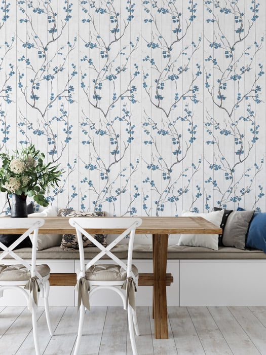 Blue & White Shabby Shic Cherry Blossom Wallpaper - Feathr