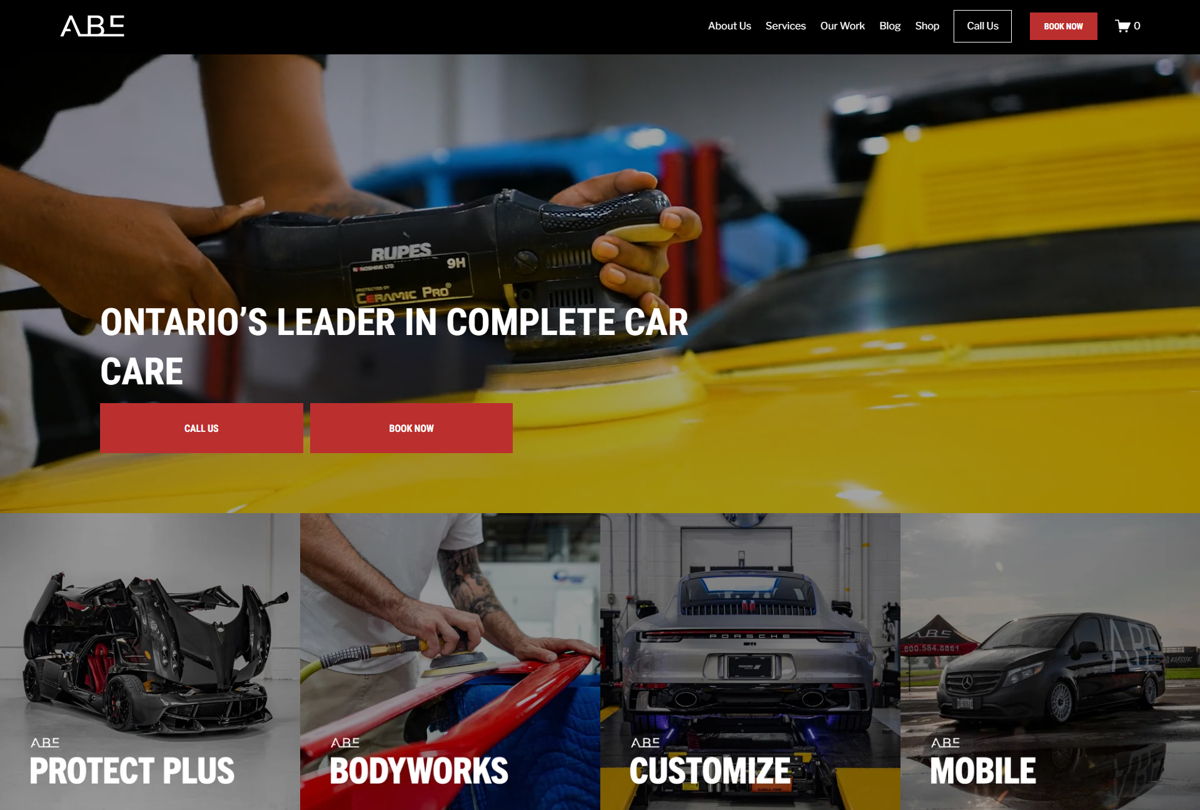 Screenshot of ABE Automotive, from the auto repair websites collection.