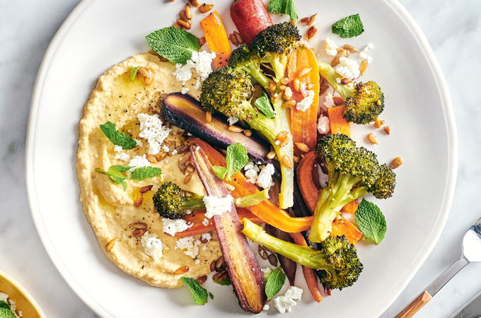 Roasted Vegetables with Sunflower Seeds, Quick Hummus and Feta