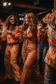 People dancing in disco-inspired hippie attire.