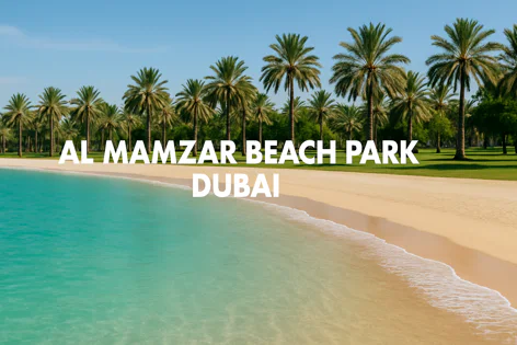 A beautiful tropical beach scene at Al Mamzar Beach Park in Dubai with turquoise ocean water, golden sand, and numerous palm trees under a bright blue sky.