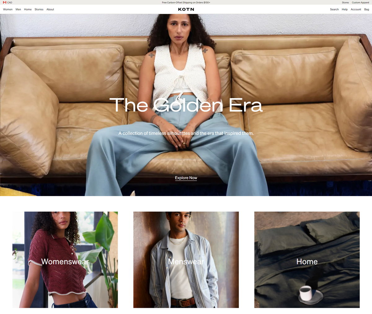 Screenshot of Kotn, from the shopify clothing stores collection.
