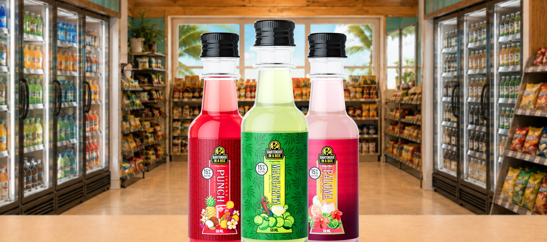 Bartender In A Box 50ml Island Punch, Margarita and Paloma cocktail bottles