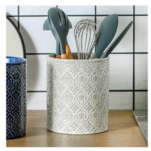 KOOV Kitchen Utensil Holder, Large Utensil Holders for Countertop, 6 x 7 Inches Ceramic Utensil Crock, Deep and Stable, Cooking Utensil Holder, Embossed Pattern, White