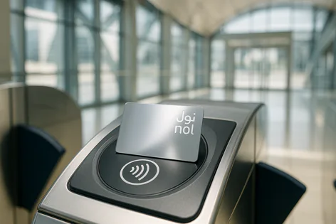 A silver Nol card is placed on a public transport ticket gate reader with a contactless symbol. The background shows a bright, modern station hallway with windows.