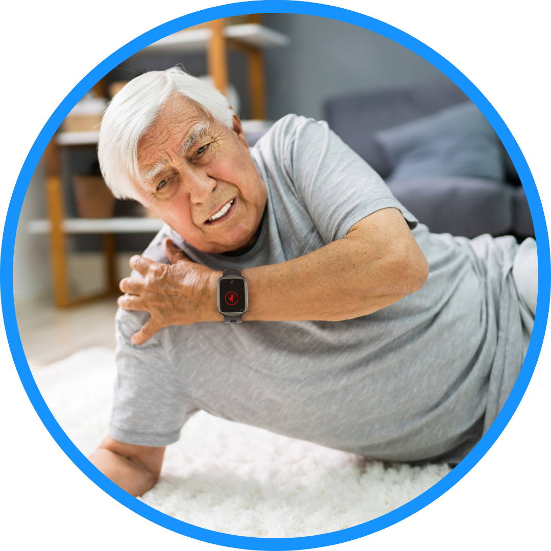 Vulnerable person who has fallen, triggering fall detection on MindMe Watch Pro SOS & GPS personal alarm - Automatic fall alert for fall risk assistance