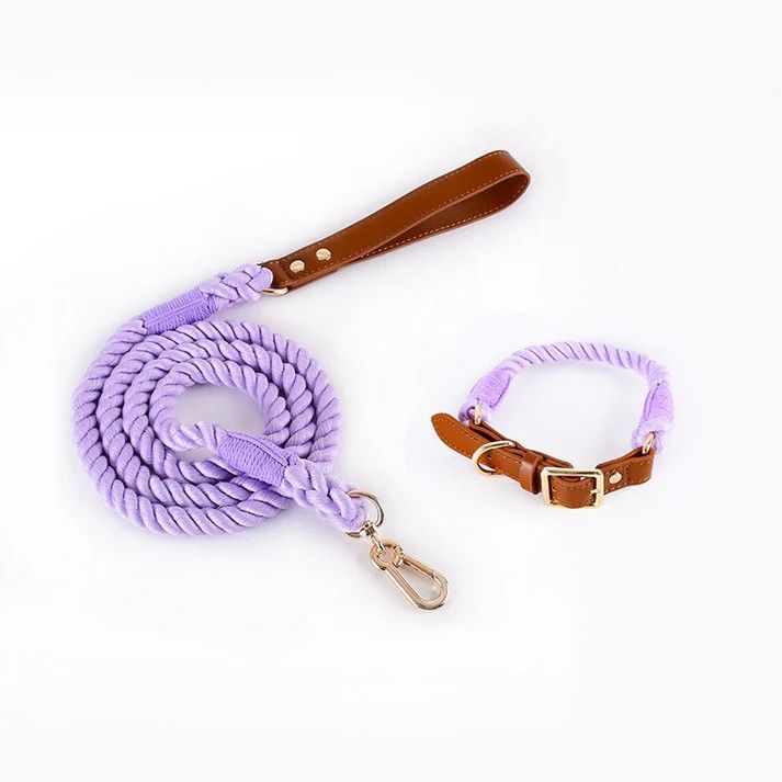 Purple Premium Leather Pet Collar and Leash - Soft, Strong Braided Rope