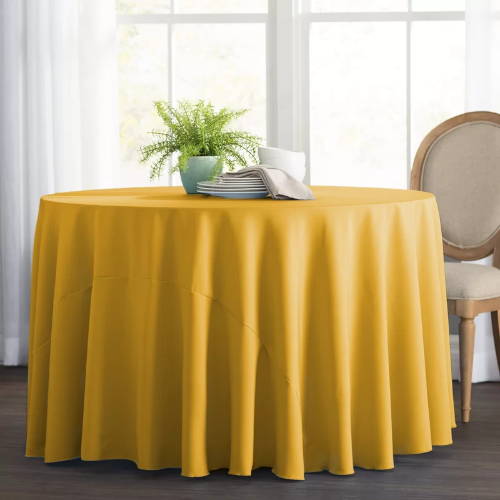 LA Linen Poplin Round Tablecloth, Gold color, 120 Inch, table set up, home decor, interior