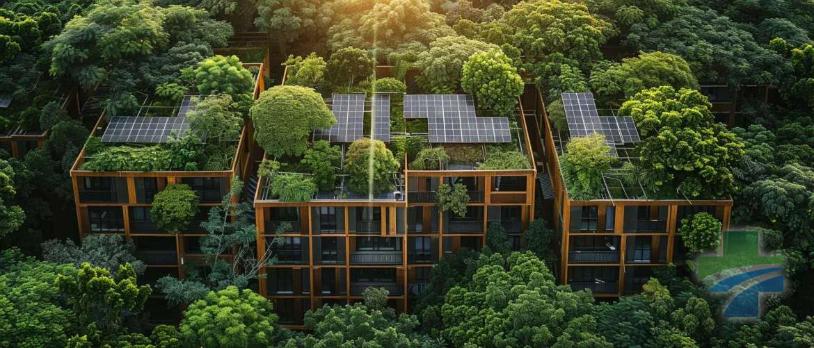 An aerial view of a solar-powered hospital surrounded by greenery.