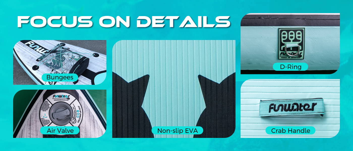 Stand up paddle board fucus on details: bungees, air valve, non-slip EVA, D-Ring, Crab handle