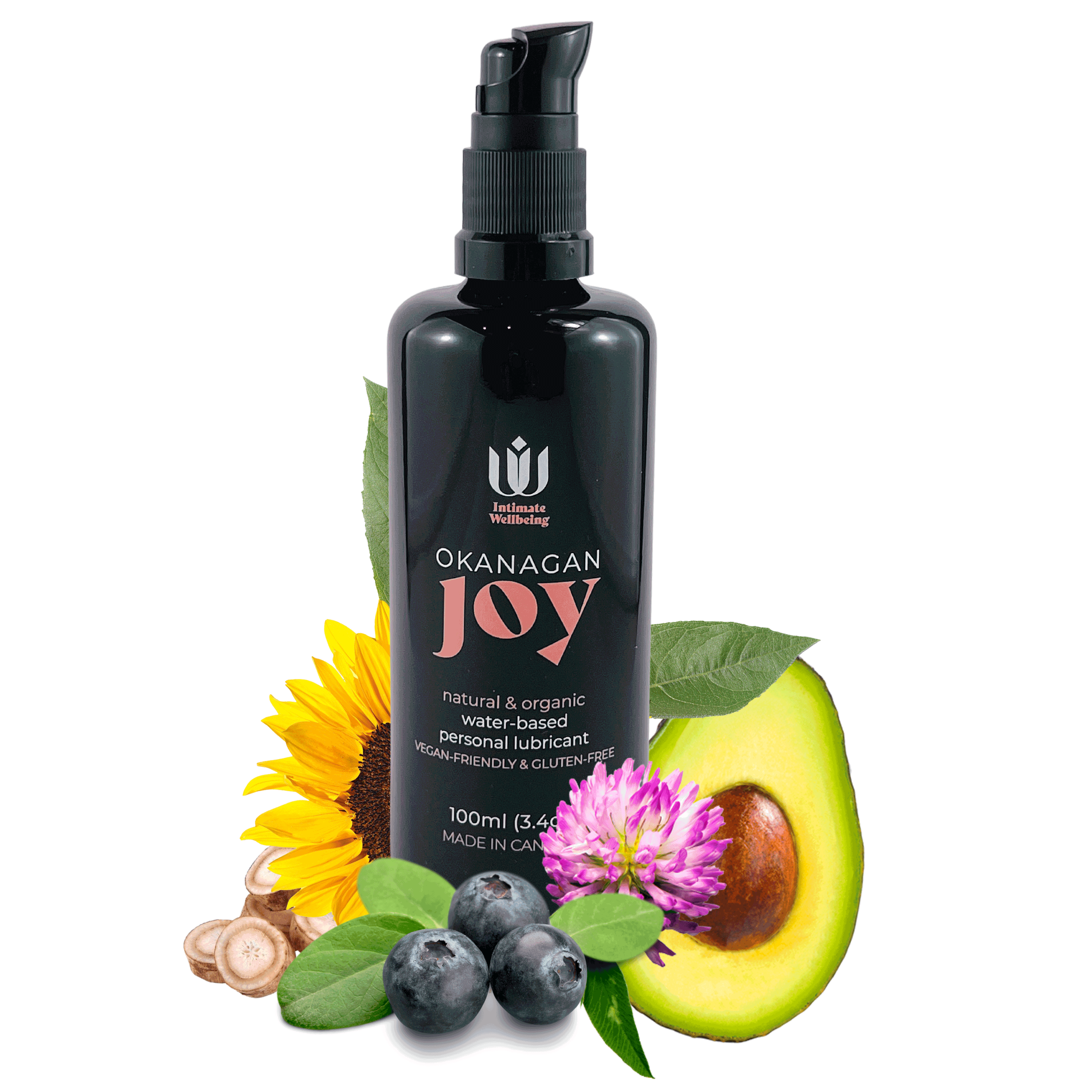 Single bottle of natural water-based personal lubricant Okanagan Joy, surrounded by natural ingredients like sunflower, blueberry, and avocado.