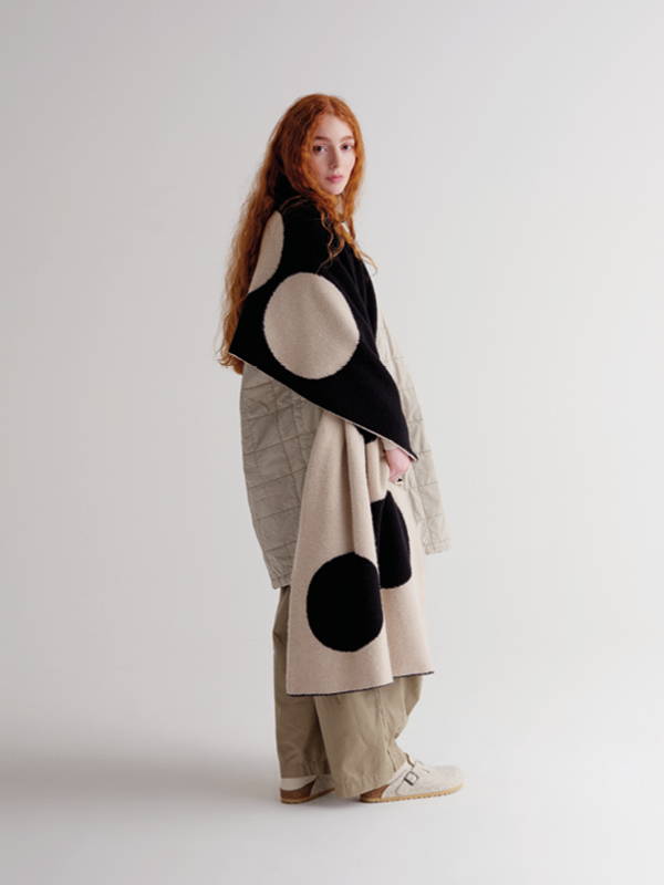 model wears   Large Spotty Brushed Blanket Scarf Black & Oatmeal