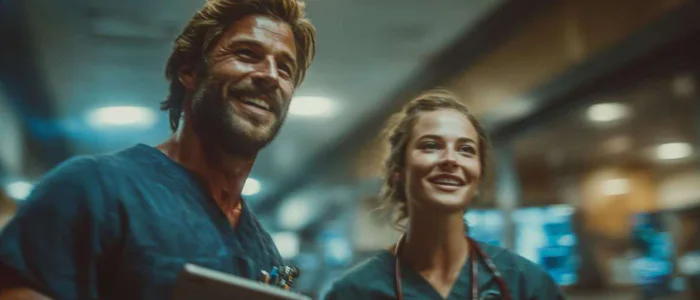 Caucasian healthcare professionals embracing locum tenens lifestyle in hospital corridor.