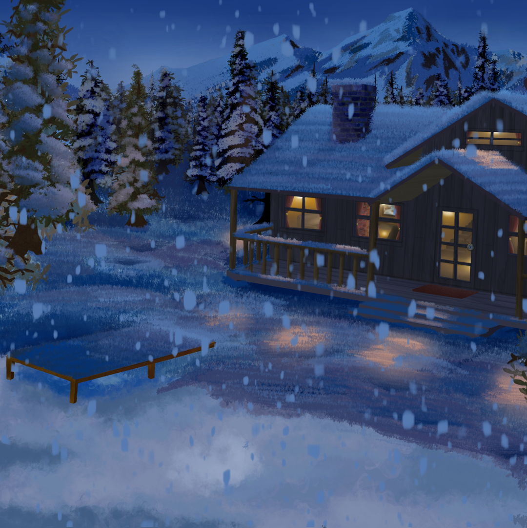 Image of Nighttime Snowy Cabin
