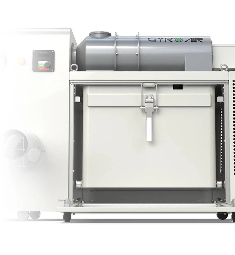 The two dust bins of GYRO AIR G-700 Dust Processor for dust collection and extraction are sealed when in use but are then easily accessed through a panel on the side of the unit, and they roll out for easy emptying and you can use disposal bags to take out wood chips