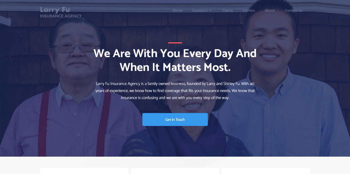Screenshot of Larry Fu Insurance Agency, from the insurance agent websites collection.