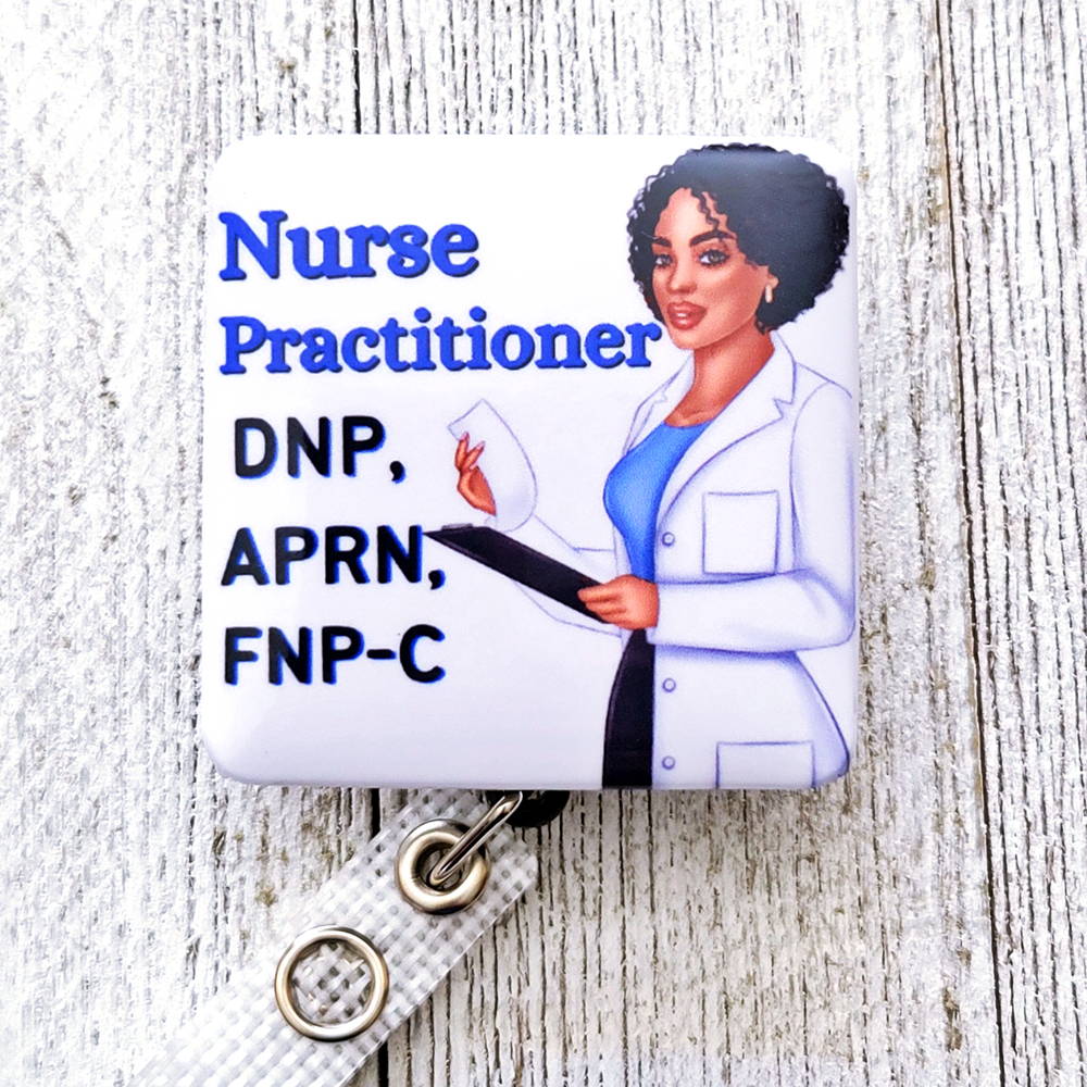 custom ID badge with female and FNP RN title