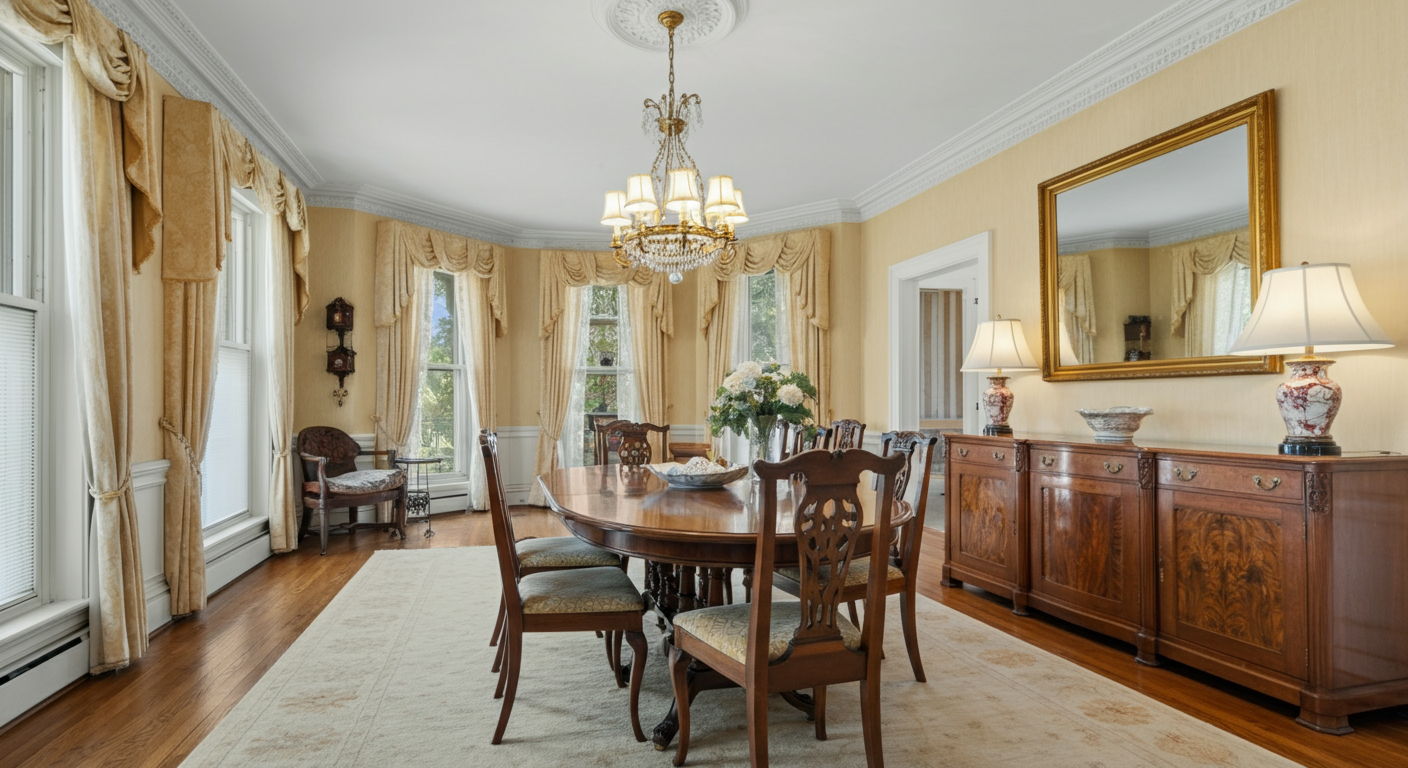 Before marketing: A Gold Coast dining room with dated furniture and poor lighting that fails to showcase the room's elegant proportions and architectural details. The space appears cramped and lacks the visual appeal necessary to attract luxury buyers.