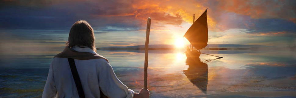 Banner image of Jesus walking along the seahore at sunrise.