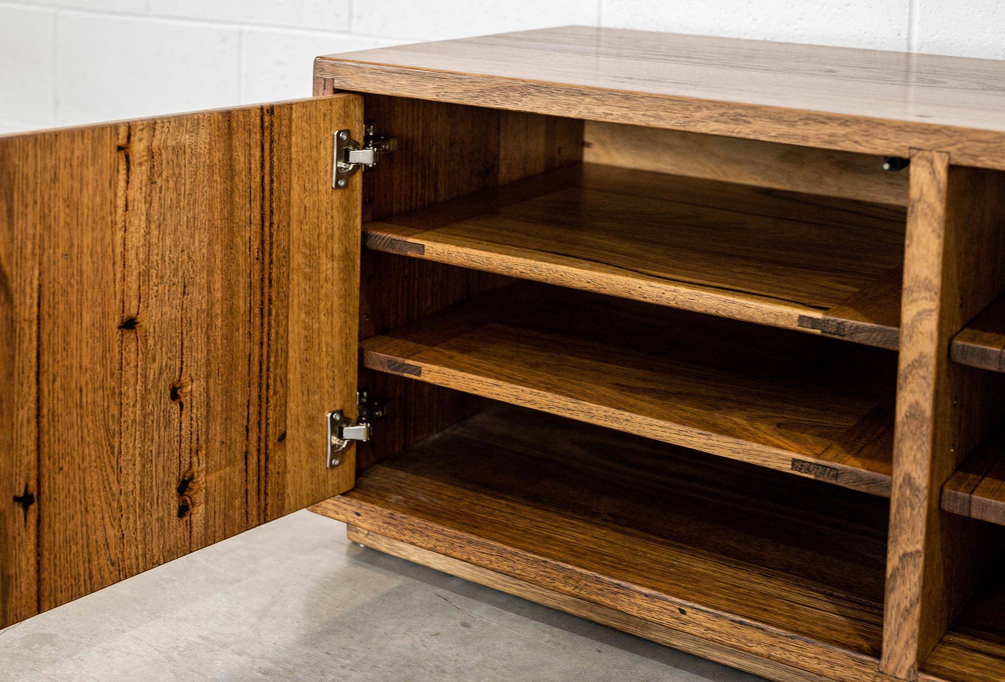 Recycled Timber Entertainment Unit Stringy Bark Push open Doors and Adjustable Shelves