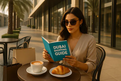 Woman in sunglasses reads a "Dubai Shopping Guide" book at an outdoor cafe table with coffee, croissant, and shopping bags.