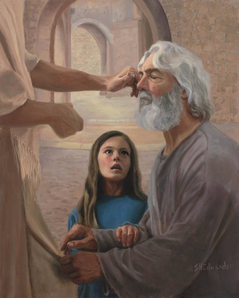 Painting of a small girl watching Jesus heal her blind father. 