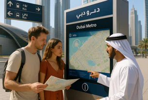 A local assists a tourist couple reading a paper map by pointing at a digital Dubai Metro map screen near bus signs and modern buildings in Dubai.
