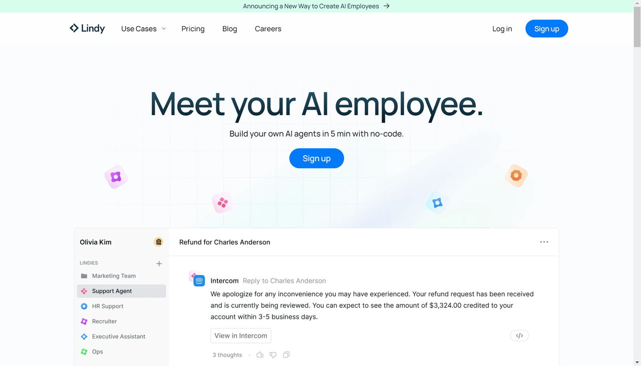 Screenshot of Lindy's website landing page, an AI scribe