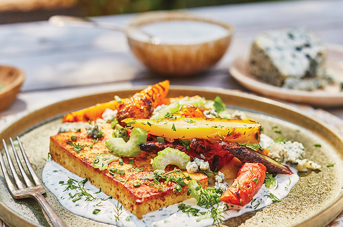 Buffalo Tofu Steaks with Grilled Carrot Salad