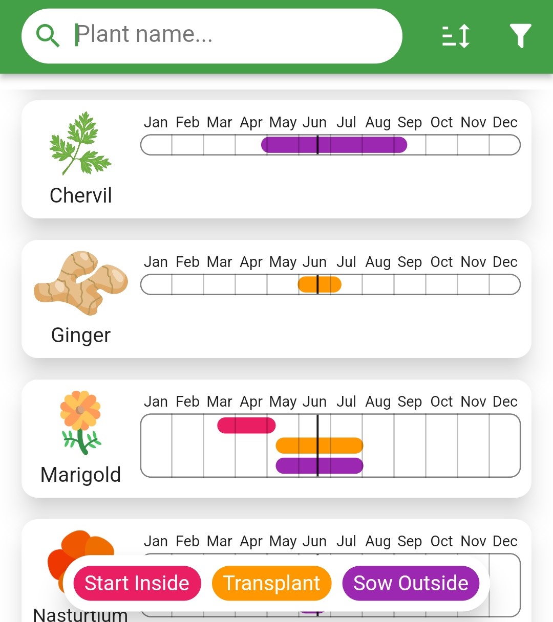 Screenshot of the growing calendar filtered for Transplant now and Sow outside now