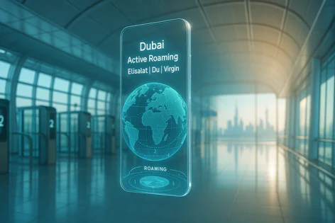 A futuristic smartphone displays 'Dubai Active Roaming' with operator names and a digital earth globe, set in a modern airport terminal.